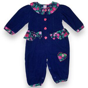 Vintage Blue Floral Collar Long Sleeve Bubble Jumper Romper Outfit 12m / 18m